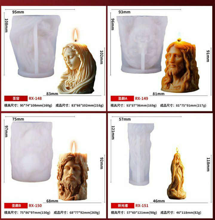 Moules en silicone aux formes religieuses (notamment des visages) et méthodes de fabrication de bougies associées.