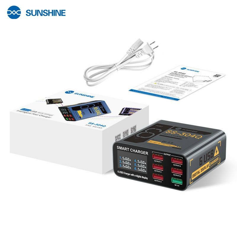 Chargeur de bureau intelligent Sunshine SS-304Q, un modèle compact gris avec six ports USB.